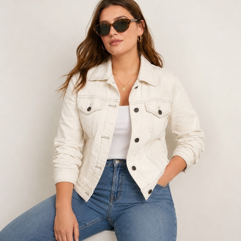 J. Crew Denim Trucker Jacket Cream Off-White Preppy Neutral Cotton A4616 Size S